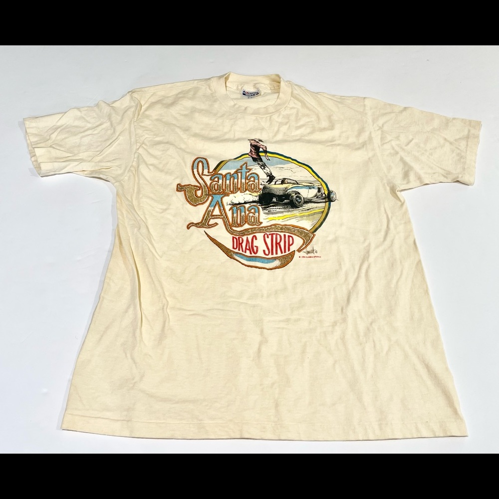 Vintage Santa Ana Drag Strip 1988 Cream Hanes Single Stitch T-Shirt USA
